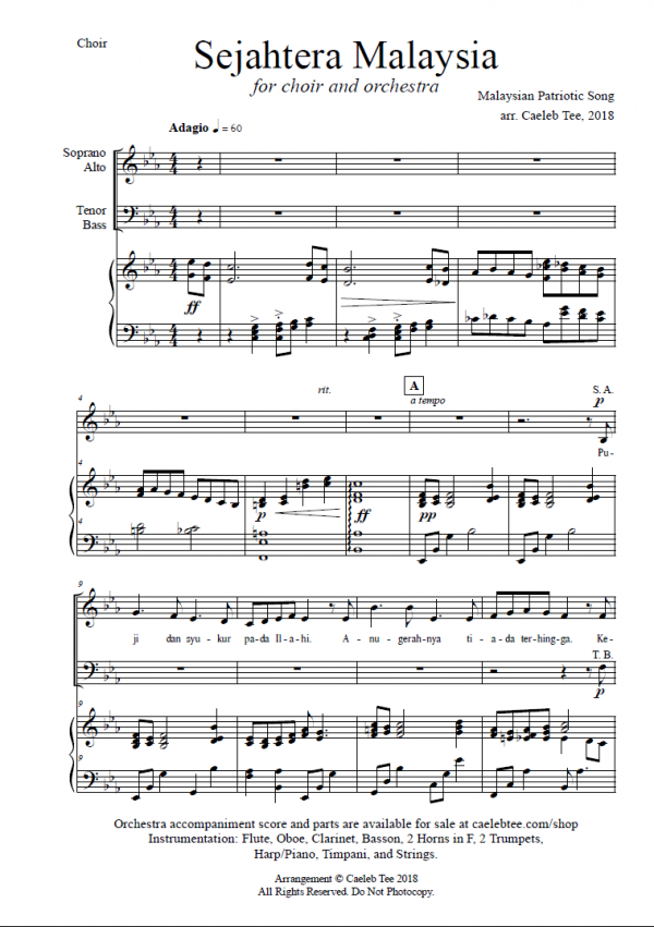 Sejahtera Malaysia (arr.) - for choir and piano reduction